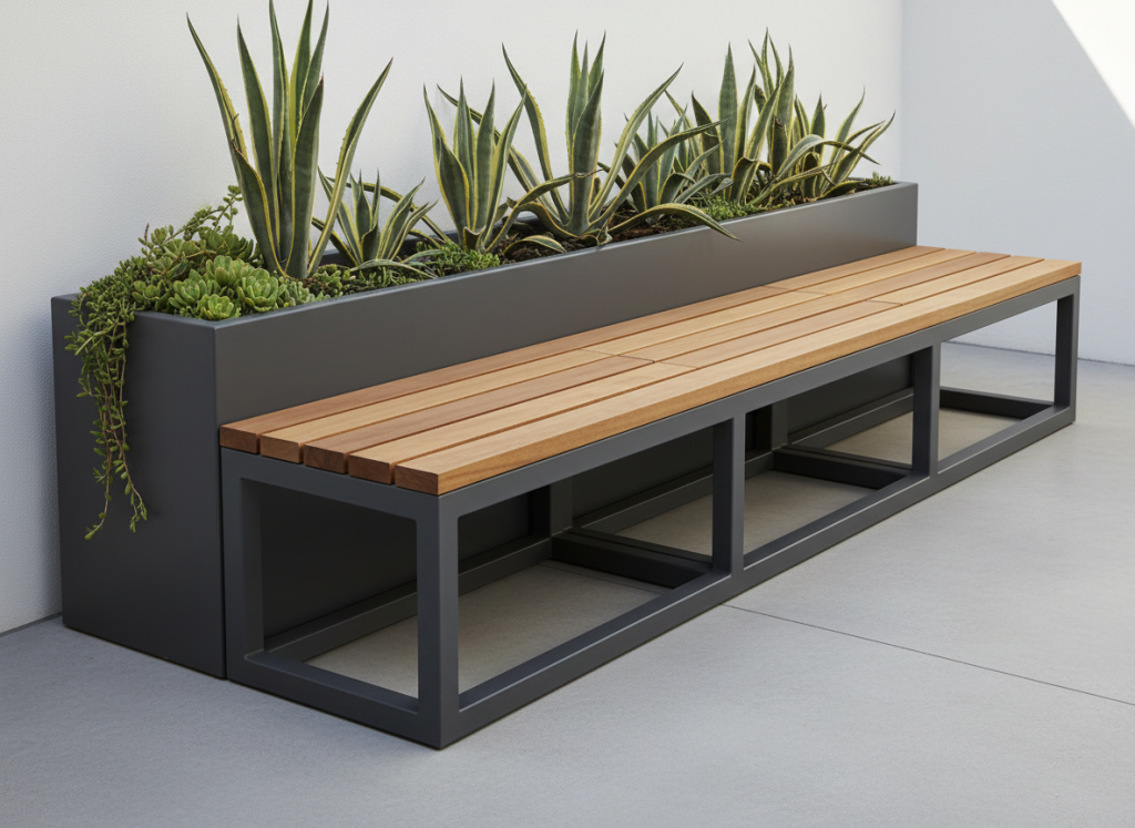 Cantilever planter bench with metal planter and cantilevered timber seating by Metal Planters UK