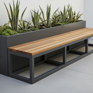 Cantilever planter bench with metal planter and cantilevered timber seating by Metal Planters UK