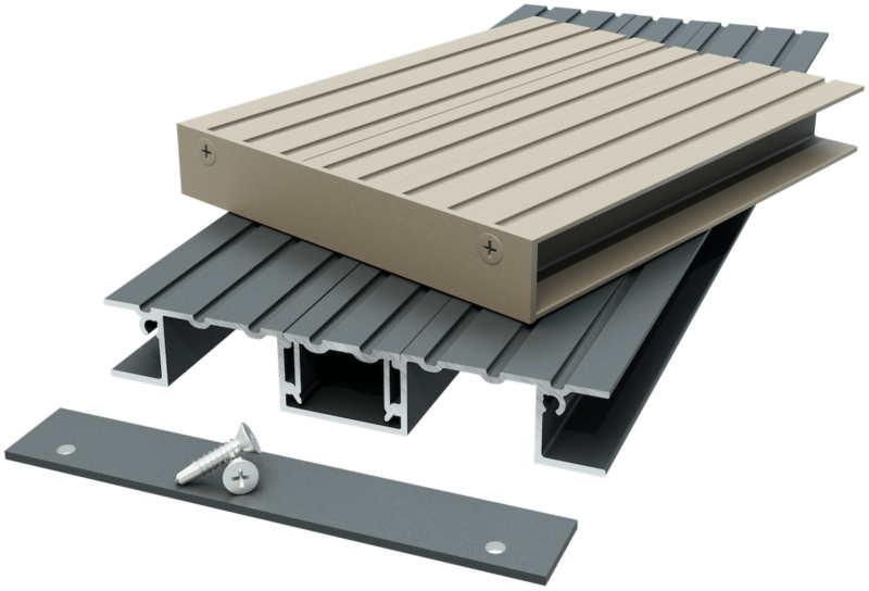 Aluminium balcony decking board system with support rails and fixing plate