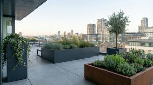 A pair of anthracite powder-coated steel metal planters flanking a contemporary glass-and-timber sliding door onto a residential terrace in Essex, each planted with clipped standard bay trees
