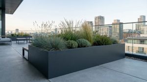 metal planter in anthracite powder-coated steel on a contemporary UK roof terrace, planted with ornamental grasses and specimen shrubs, with a city skyline in the background.