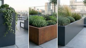 A variety of rooftop planters showcasing different designs and plant types. The planters include large rectangular and square containers with lush green plants, set against a city backdrop.