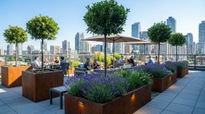 A rooftop garden featuring large commercial planters with trees and lavender plants. The planters are made of corten steel, providing an elegant contrast to the city skyline. The space is designed for seating and social interaction with a clear view of the urban landscape.