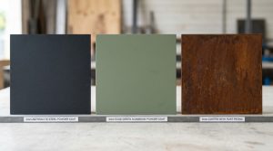 Comparison of metal planter materials showing anthracite steel powder-coated finish, sage green aluminium, and corten steel with natural rust patina