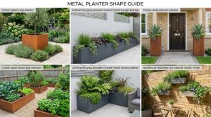 Guide showing different metal planter shapes including cube, rectangular trough, tall column, raised bed, corner planter, and wall-mounted aluminium planters in residential settings
