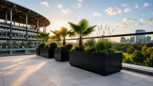 Metal planter design with large black trough planters on a rooftop terrace planted with palms, grasses and shrubs at sunset