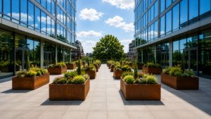 Metal planter courtyard design with corten steel planters between modern glass office buildings and colourful planting