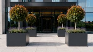 Metal planter entrance design with large grey metal planters, lollipop trees, lavender planting and modern glass building frontage