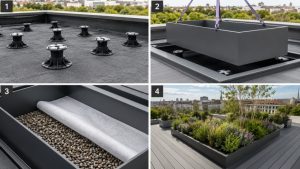 Modern commercial roof terrace in London with matching anthracite aluminium metal planters placed along the glass balustrade, planted with tall ornamental grasses for privacy screening, with pale paving and city skyline views in the background.