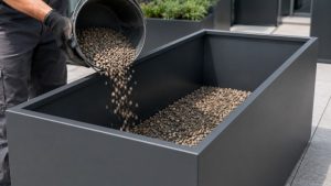 Metal planter installation close-up showing drainage gravel being poured into a large black metal planter before planting