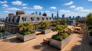 Metal planter rooftop garden with black aluminium planters, glass balustrade, timber decking