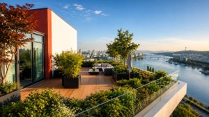 Metal planter layout on a London rooftop terrace with large aluminium planters, palm trees, seating