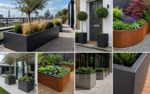 Metal planter product and project image collage showing rooftop planters, front door planters, corten raised beds and planter detail shots