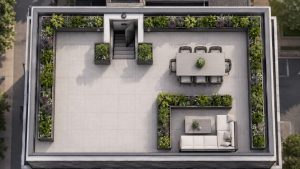 Bird's-eye planning view of a modern UK roof terrace showing metal planter placement around the perimeter boundary, access stairs, dining area and seating zone, with planted troughs and cube planters used for privacy and space definition.