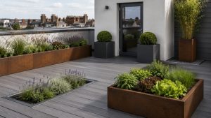 Five metal planter formats on a UK rooftop terrace, including a corten steel trough planter, anthracite aluminium cube planters, an in-deck integrated metal planter, a corten raised bed and a tall bamboo planter.