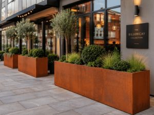 Commercial corten steel planters outside an office or hospitality entrance