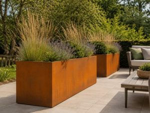 Corten steel planters used as terrace planters in Essex with outdoor seating