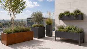 Corten and dark grey metal planter terrace planters arranged on a modern rooftop terrace with greenery.