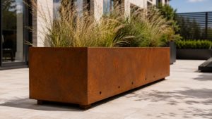 Large corten metal planter terrace planters with ornamental grasses on a clean modern outdoor terrace.